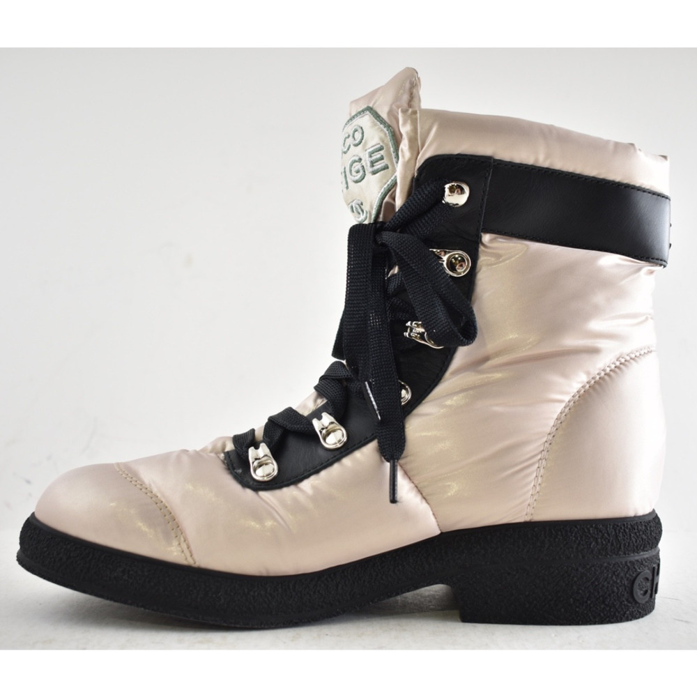 Chanel 18B Coco Neige Pink Black CC Logo Snow Winter Lace Up Tie Combat Boots 37 - Picture 11 of 16